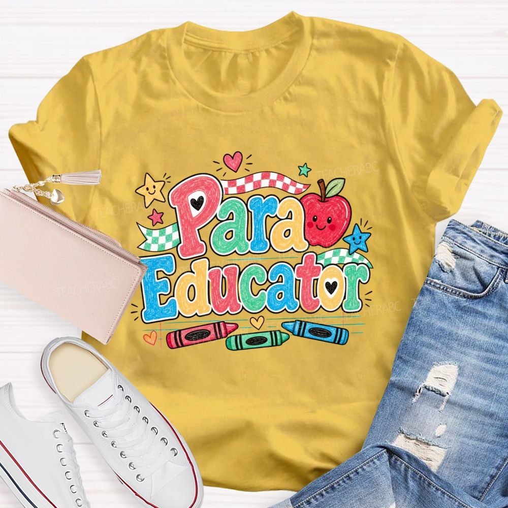 Para Educator Checkerboard Ribbon Crayon Apple Teacher T-shirt