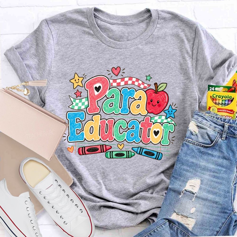 Para Educator Checkerboard Ribbon Crayon Apple Teacher T-shirt