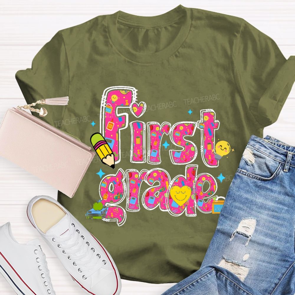 Personalized Grade Lovely Face Heart Teacher T-Shirt