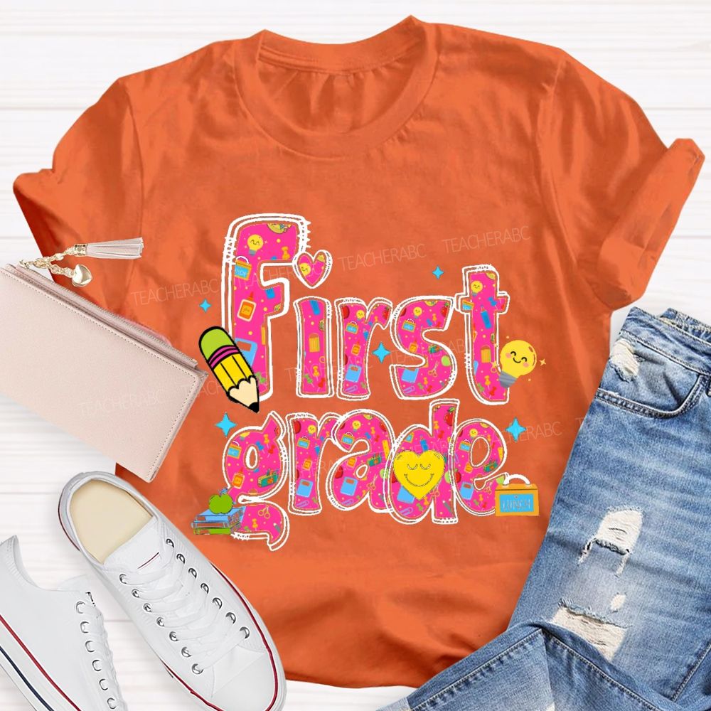 Personalized Grade Lovely Face Heart Teacher T-Shirt