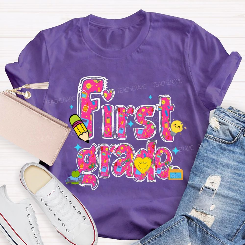 Personalized Grade Lovely Face Heart Teacher T-Shirt