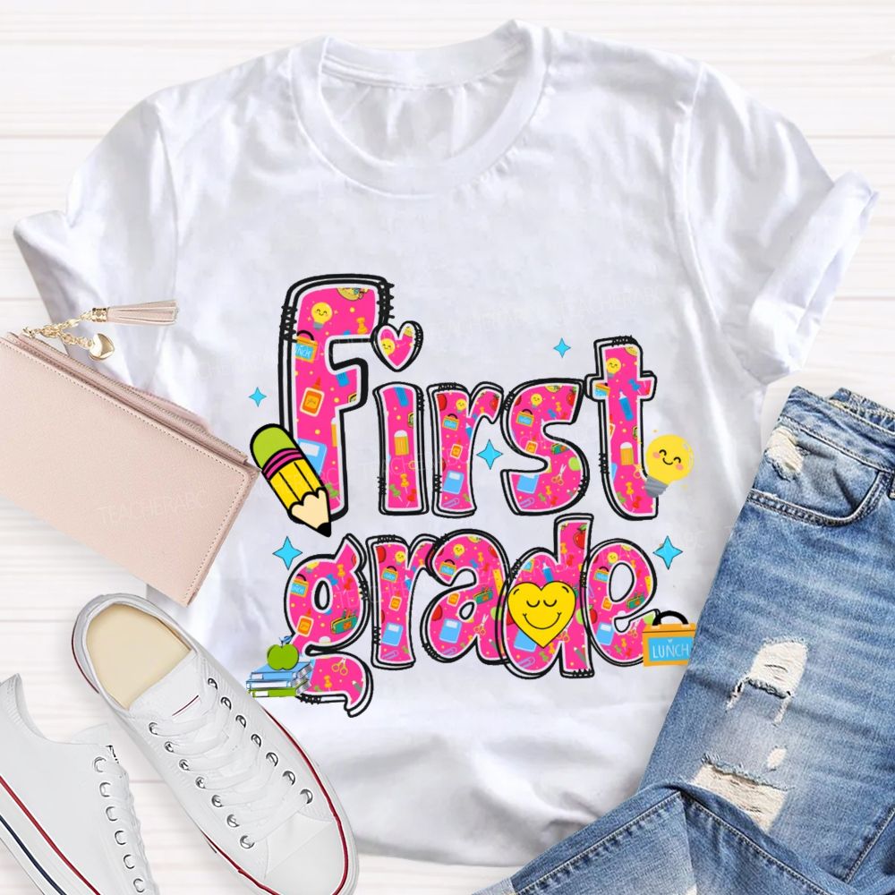 Personalized Grade Lovely Face Heart Teacher T-Shirt