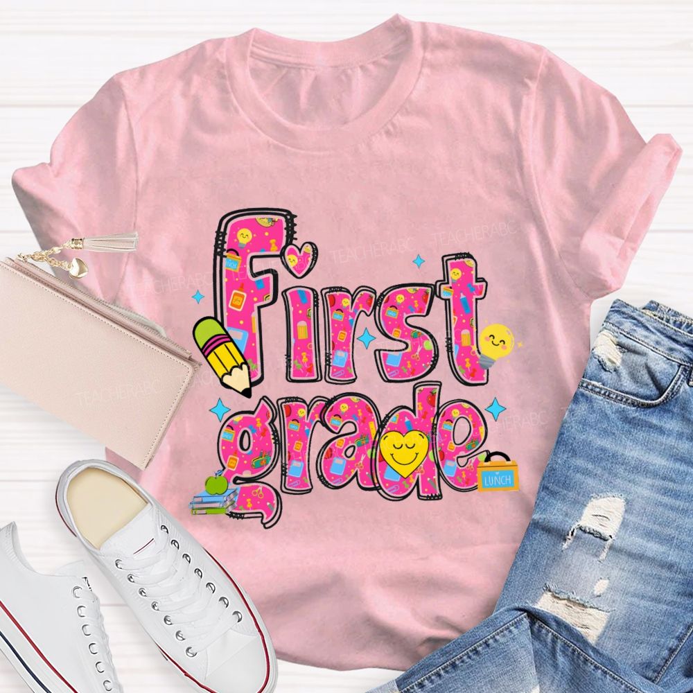 Personalized Grade Lovely Face Heart Teacher T-Shirt