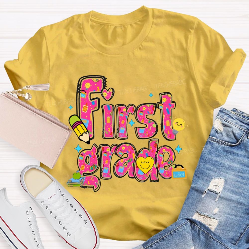 Personalized Grade Lovely Face Heart Teacher T-Shirt