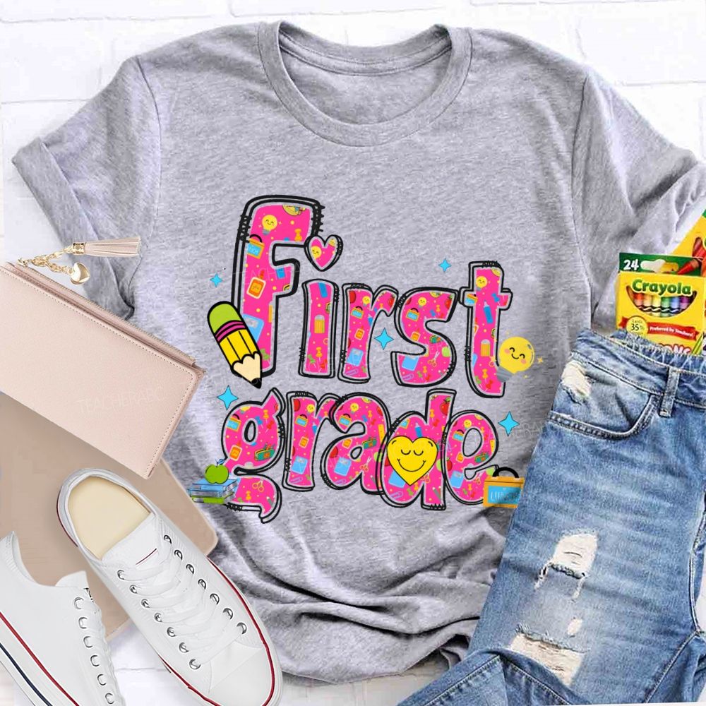 Personalized Grade Lovely Face Heart Teacher T-Shirt