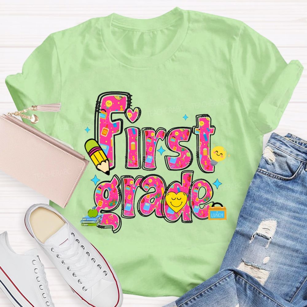 Personalized Grade Lovely Face Heart Teacher T-Shirt