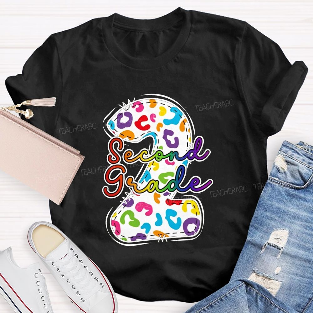 Personalized Grade Rainbow Leopard Print Second Grade Teacher T-shirt