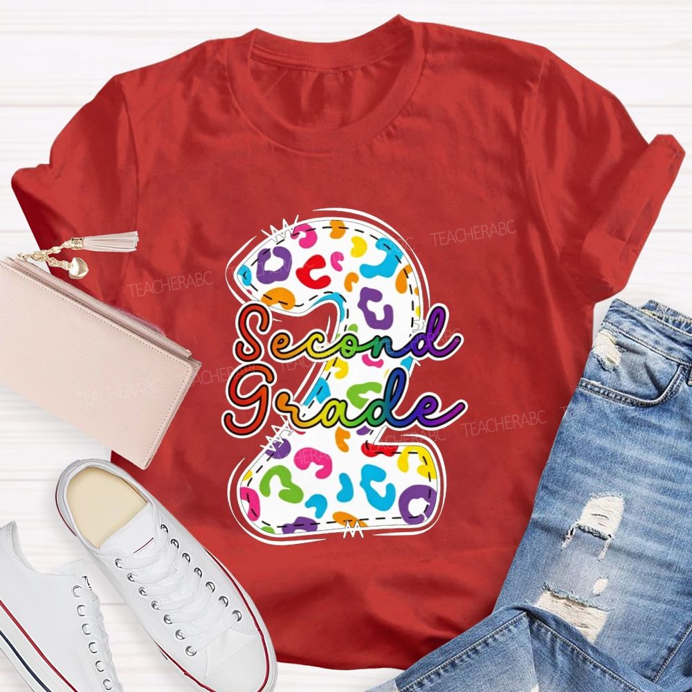 Personalized Grade Rainbow Leopard Print Second Grade Teacher T-shirt