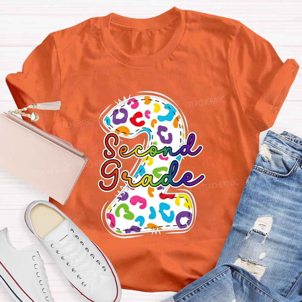 Personalized Grade Rainbow Leopard Print Second Grade Teacher T-shirt