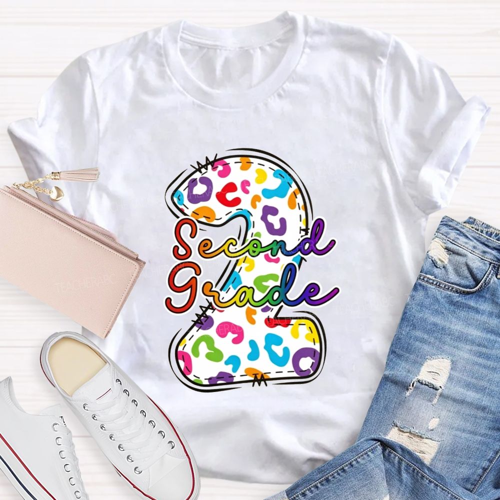Personalized Grade Rainbow Leopard Print Second Grade Teacher T-shirt