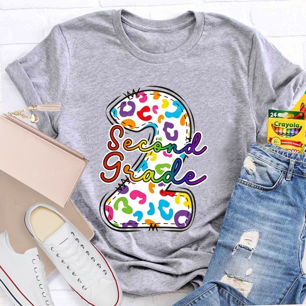 Personalized Grade Rainbow Leopard Print Second Grade Teacher T-shirt