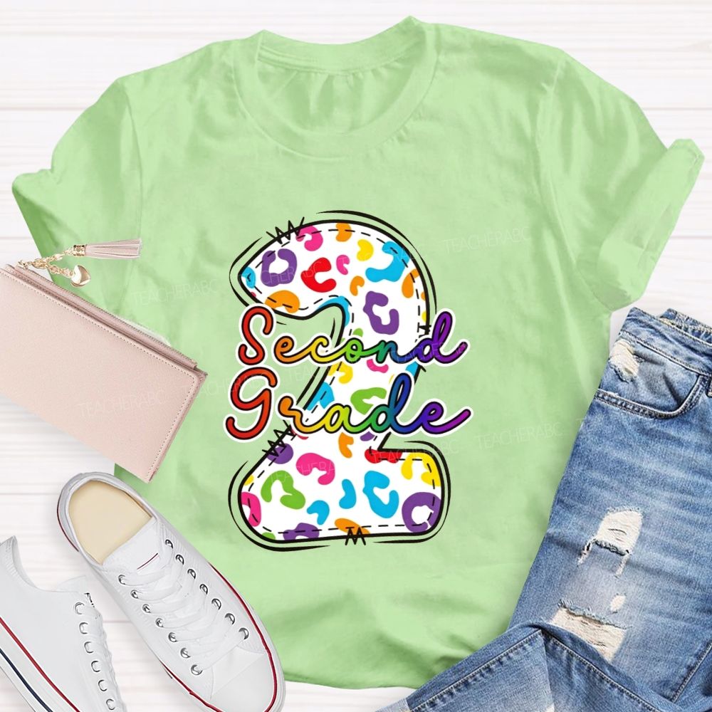 Personalized Grade Rainbow Leopard Print Second Grade Teacher T-shirt