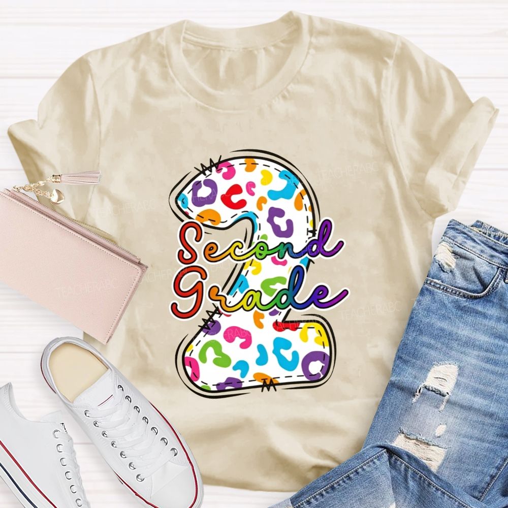 Personalized Grade Rainbow Leopard Print Second Grade Teacher T-shirt