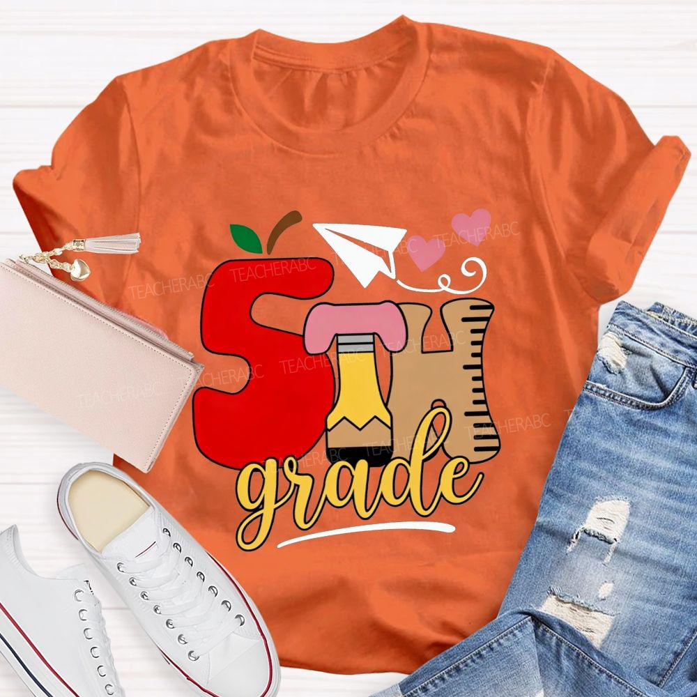 Personalized Grade 5th Grade Apple Pencil Ruler Paper Plane Heart Teacher T-shirt
