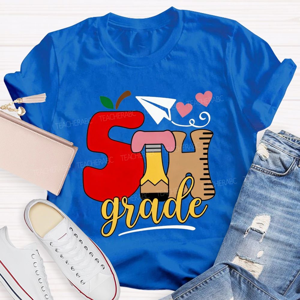 Personalized Grade 5th Grade Apple Pencil Ruler Paper Plane Heart Teacher T-shirt