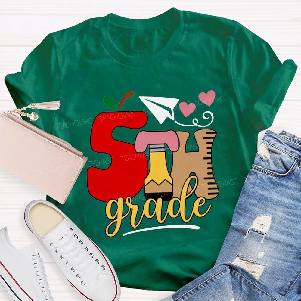 Personalized Grade 5th Grade Apple Pencil Ruler Paper Plane Heart Teacher T-shirt