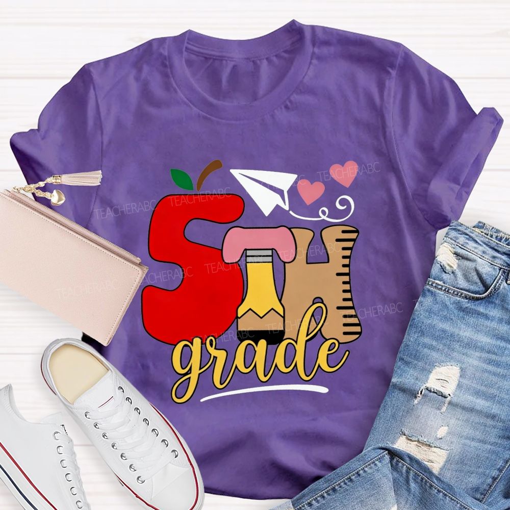 Personalized Grade 5th Grade Apple Pencil Ruler Paper Plane Heart Teacher T-shirt