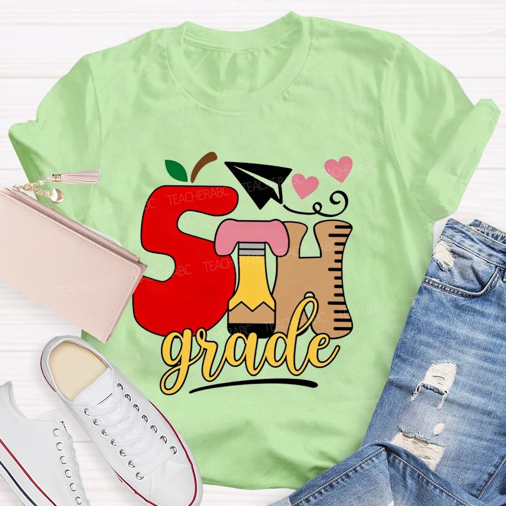 Personalized Grade 5th Grade Apple Pencil Ruler Paper Plane Heart Teacher T-shirt