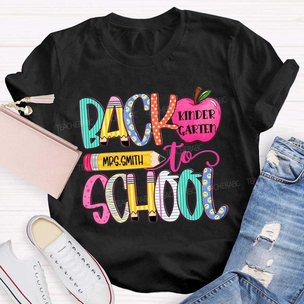 Personalized Name And Grade Back To School Pencil Apple Teacher T-shirt
