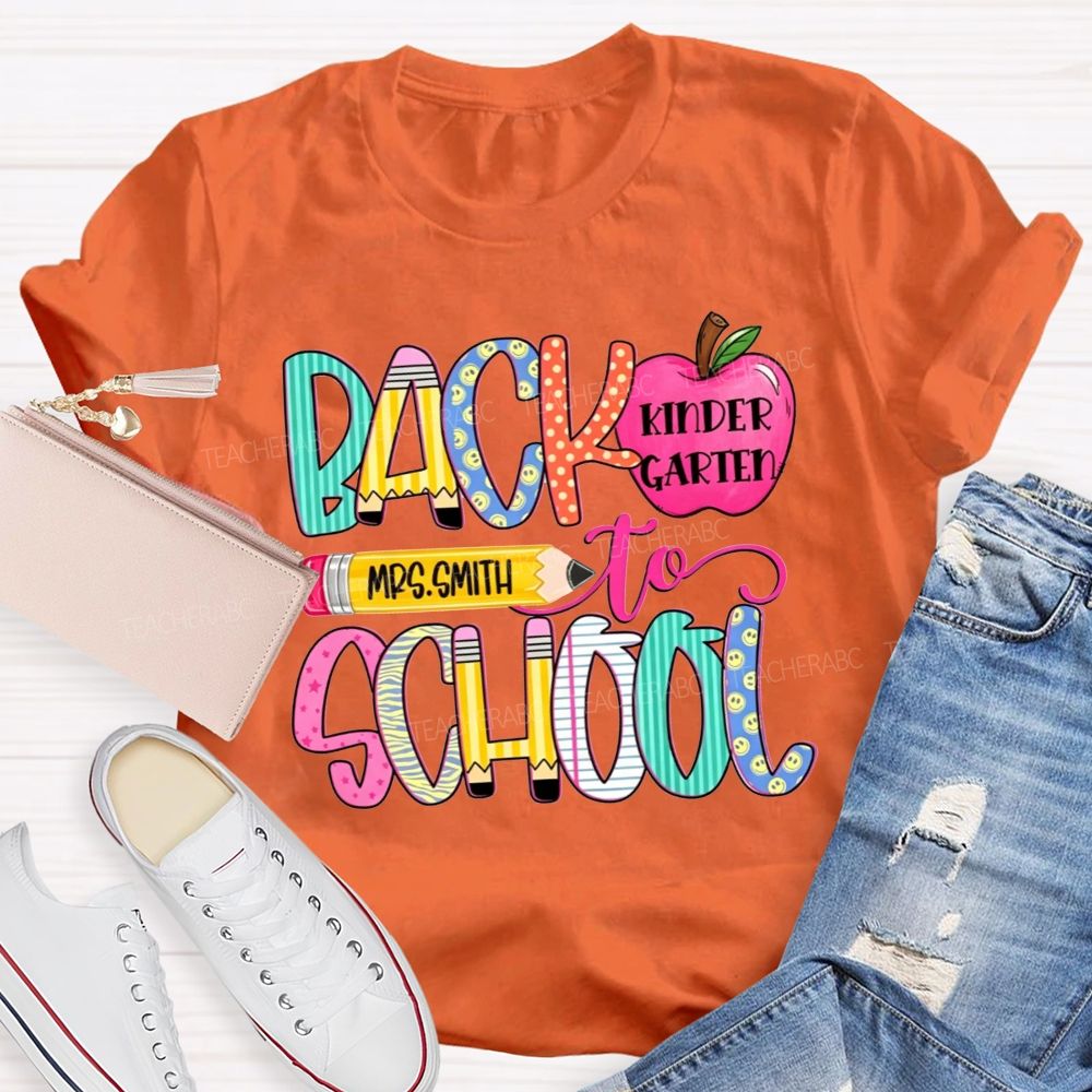 Personalized Name And Grade Back To School Pencil Apple Teacher T-shirt