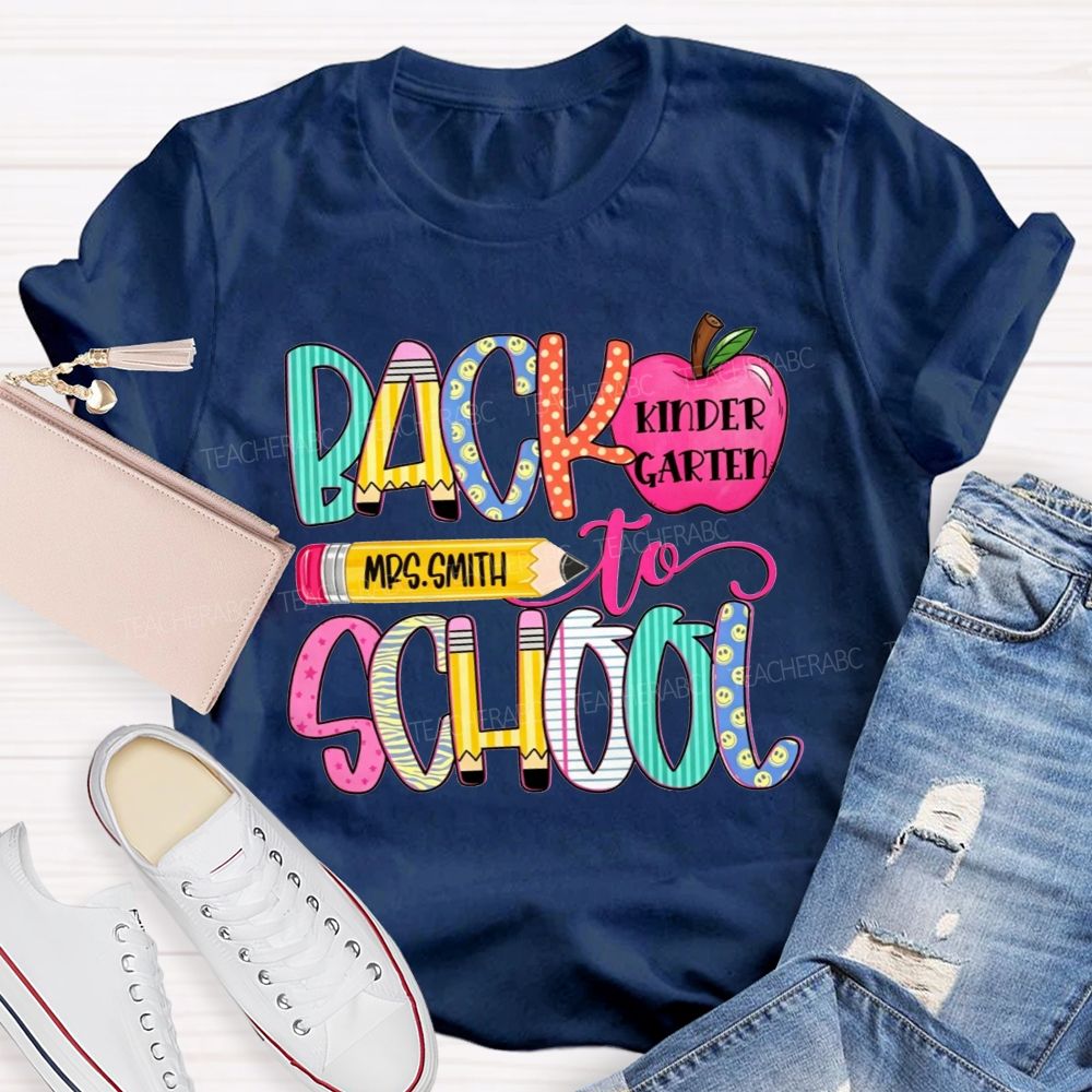 Personalized Name And Grade Back To School Pencil Apple Teacher T-shirt