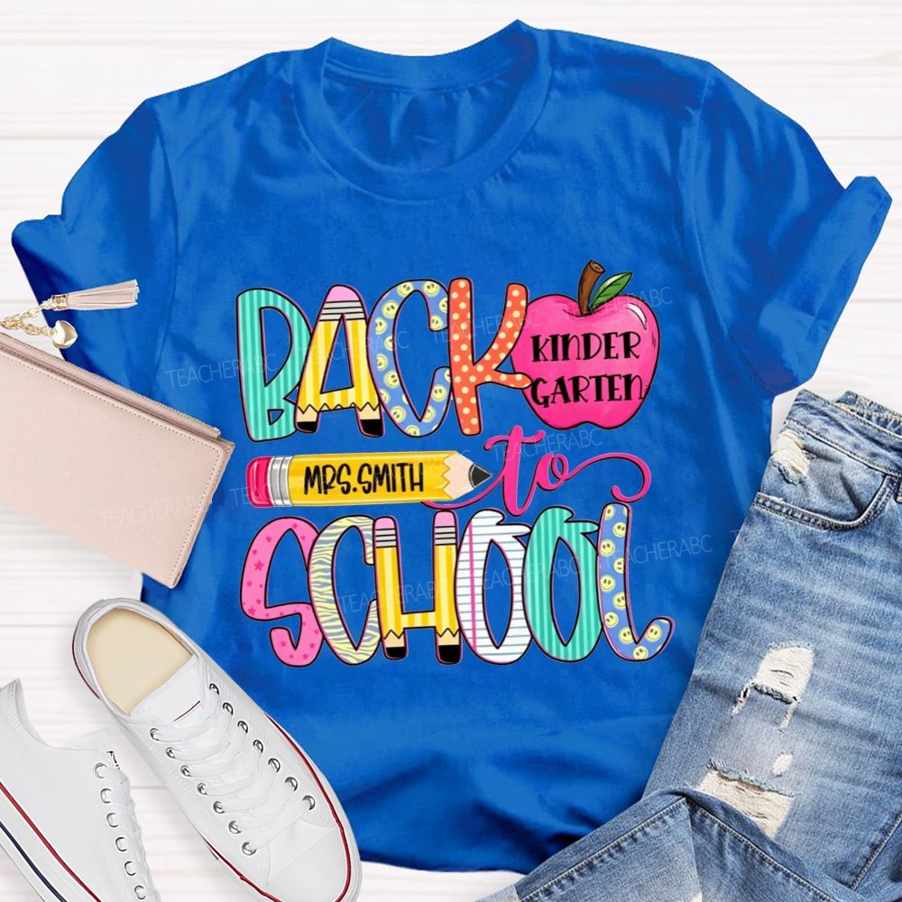 Personalized Name And Grade Back To School Pencil Apple Teacher T-shirt