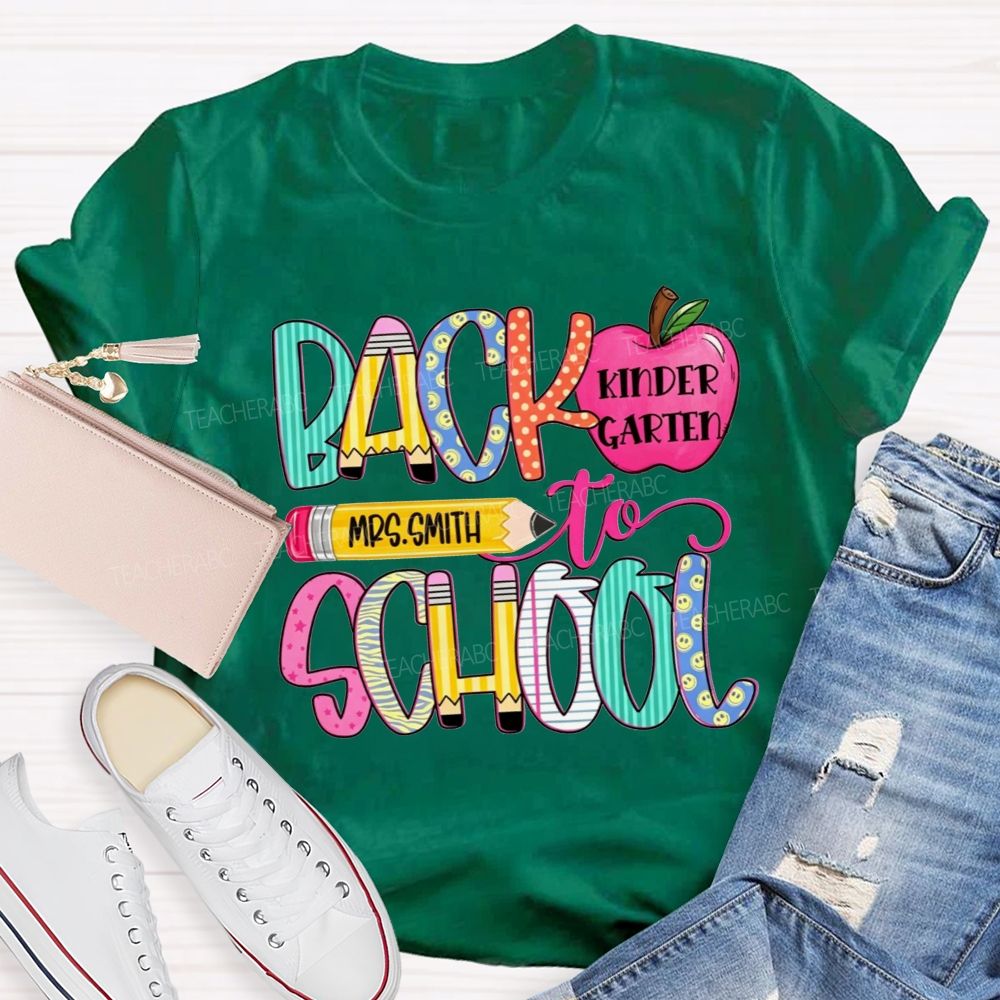 Personalized Name And Grade Back To School Pencil Apple Teacher T-shirt