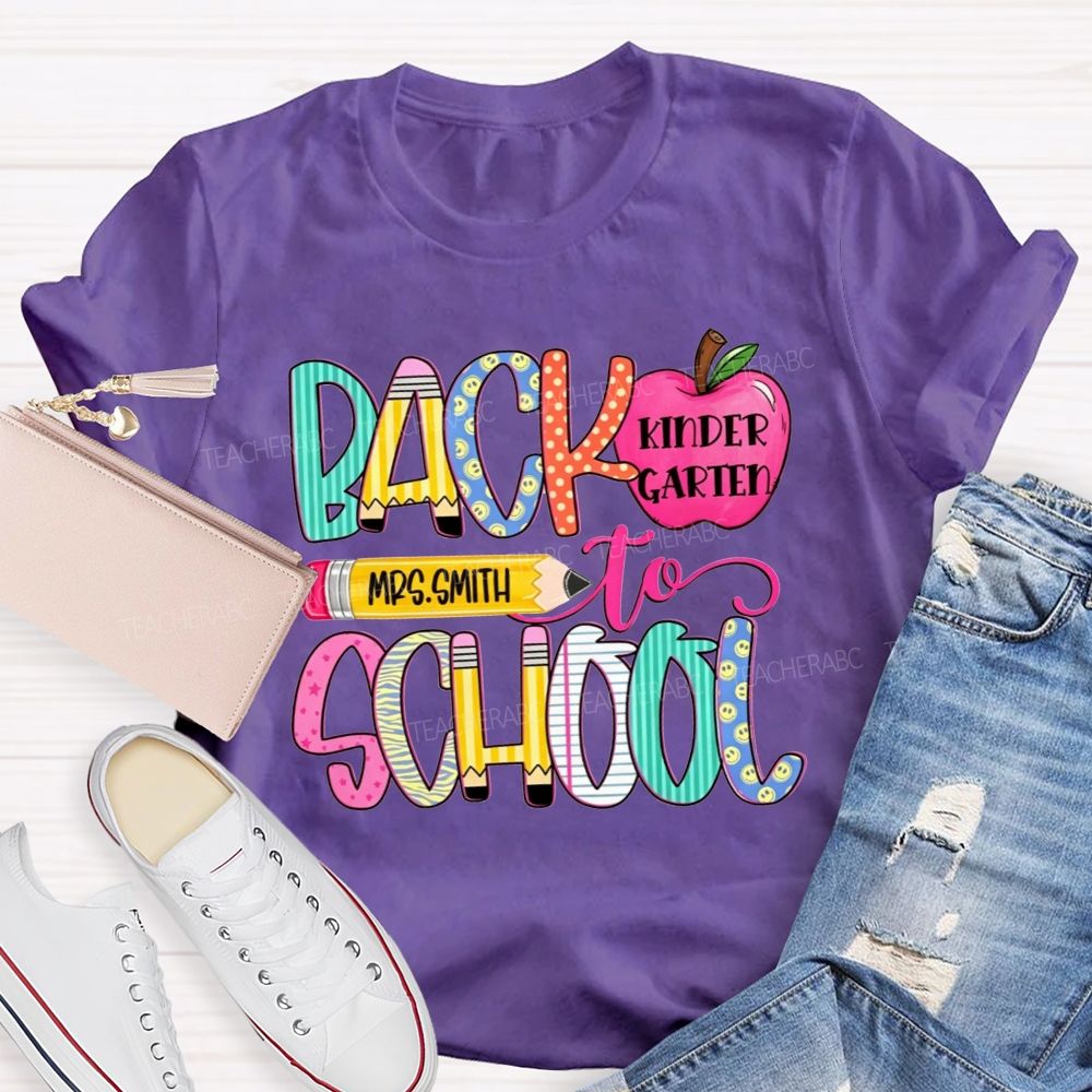 Personalized Name And Grade Back To School Pencil Apple Teacher T-shirt
