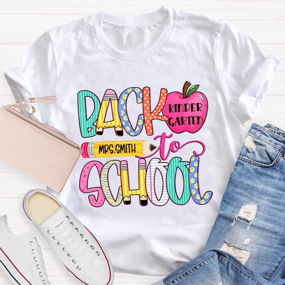 Personalized Name And Grade Back To School Pencil Apple Teacher T-shirt