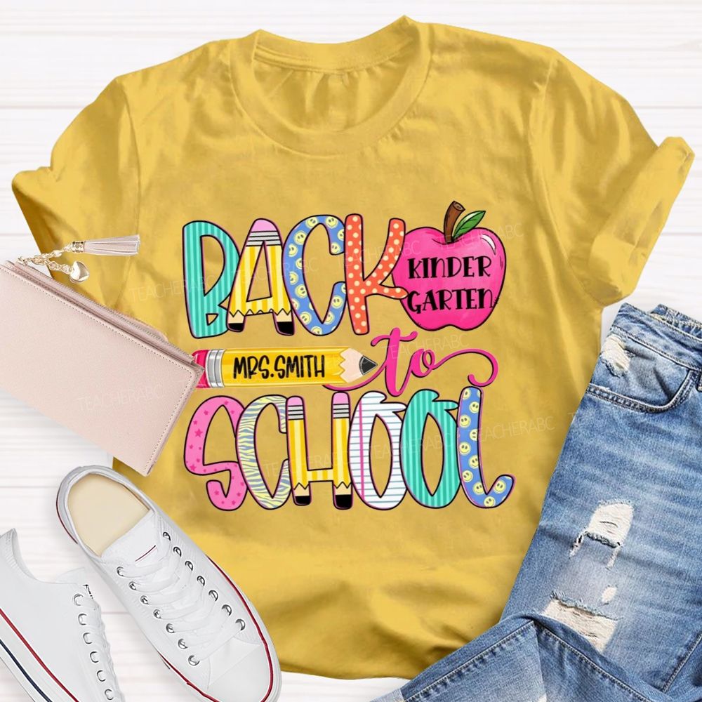 Personalized Name And Grade Back To School Pencil Apple Teacher T-shirt