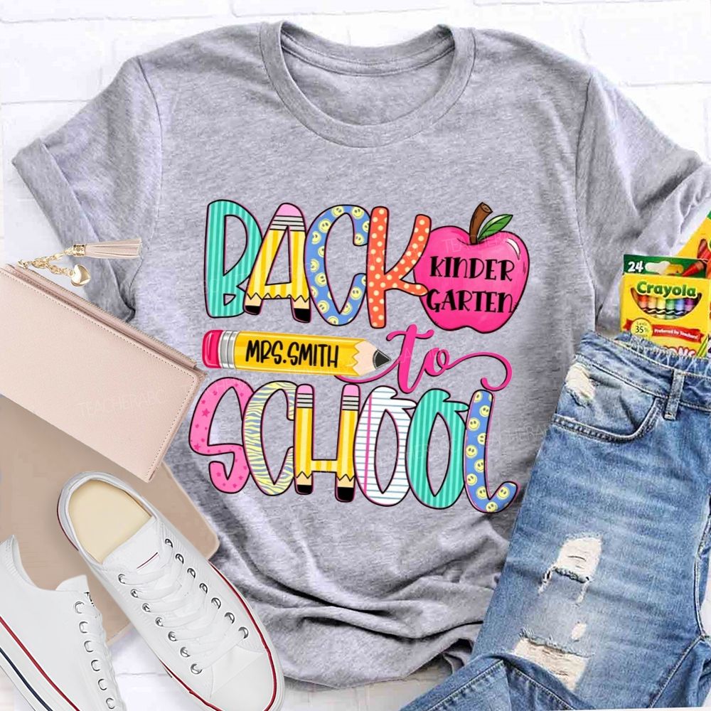 Personalized Name And Grade Back To School Pencil Apple Teacher T-shirt