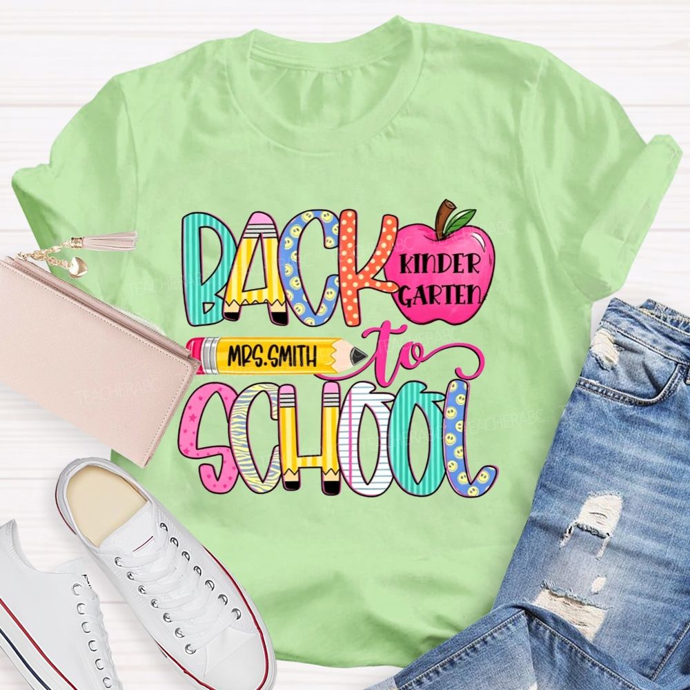 Personalized Name And Grade Back To School Pencil Apple Teacher T-shirt