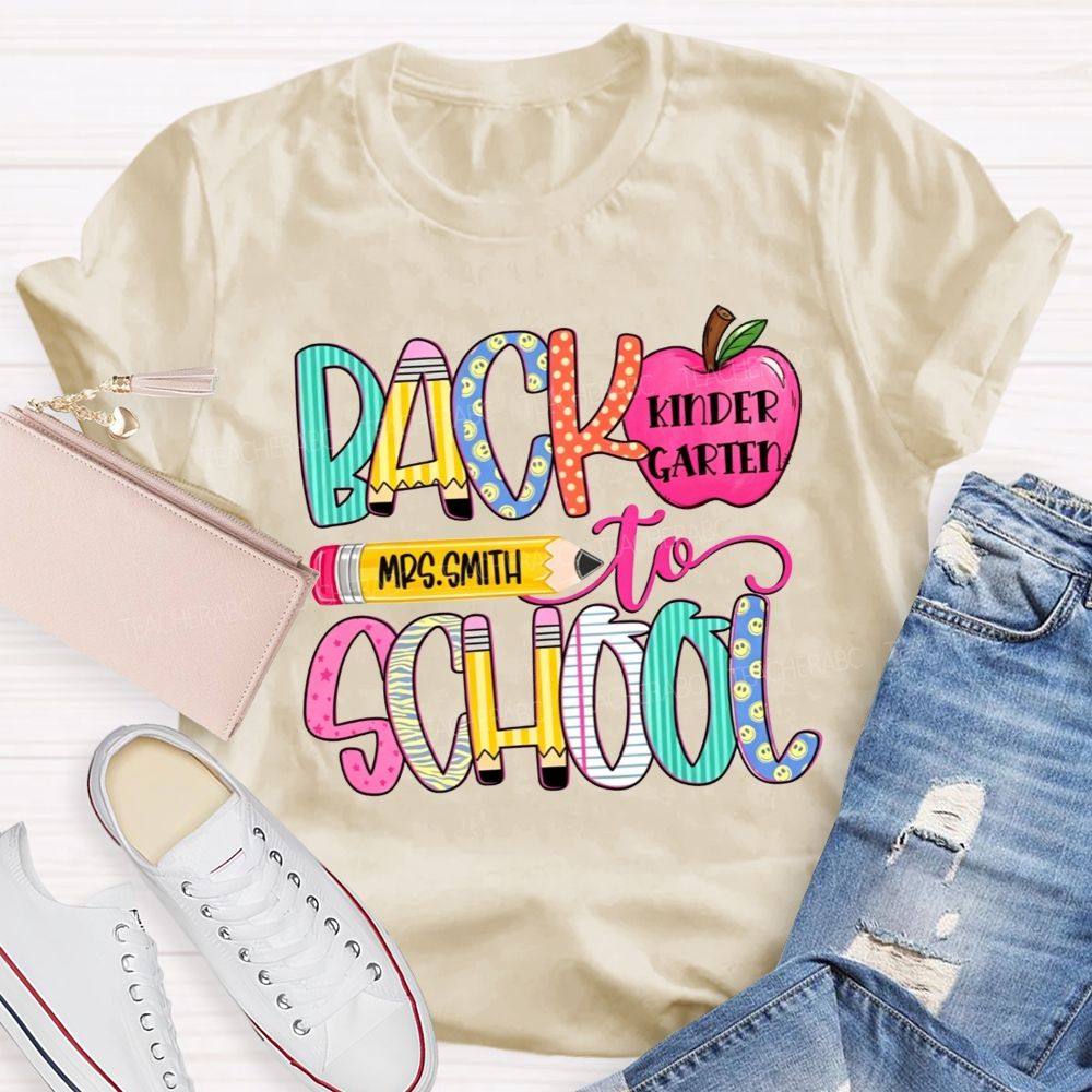 Personalized Name And Grade Back To School Pencil Apple Teacher T-shirt