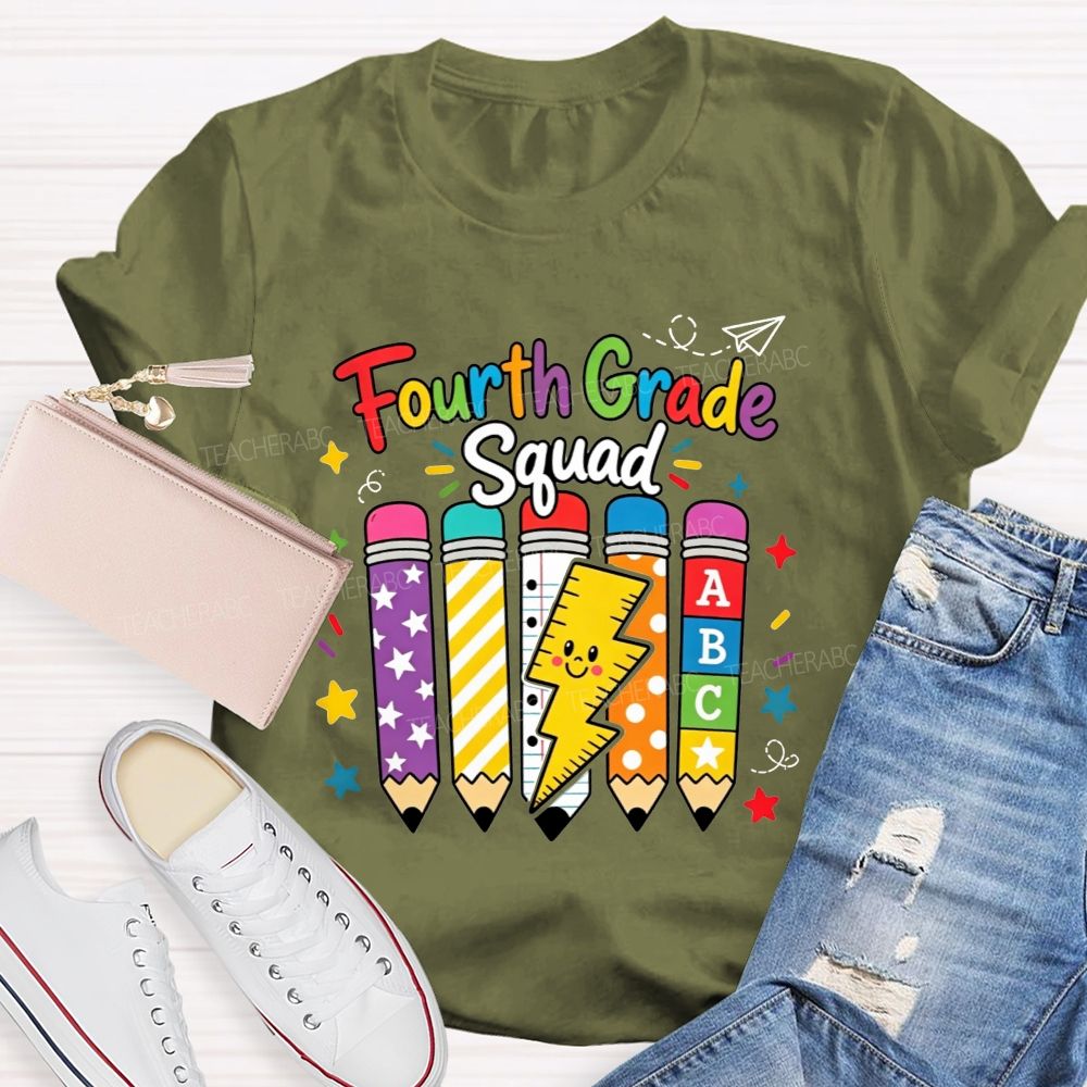 Personalized Grade Fourth Grade Squad Colorful Pattern Pencil Lightning Teacher T-shirt