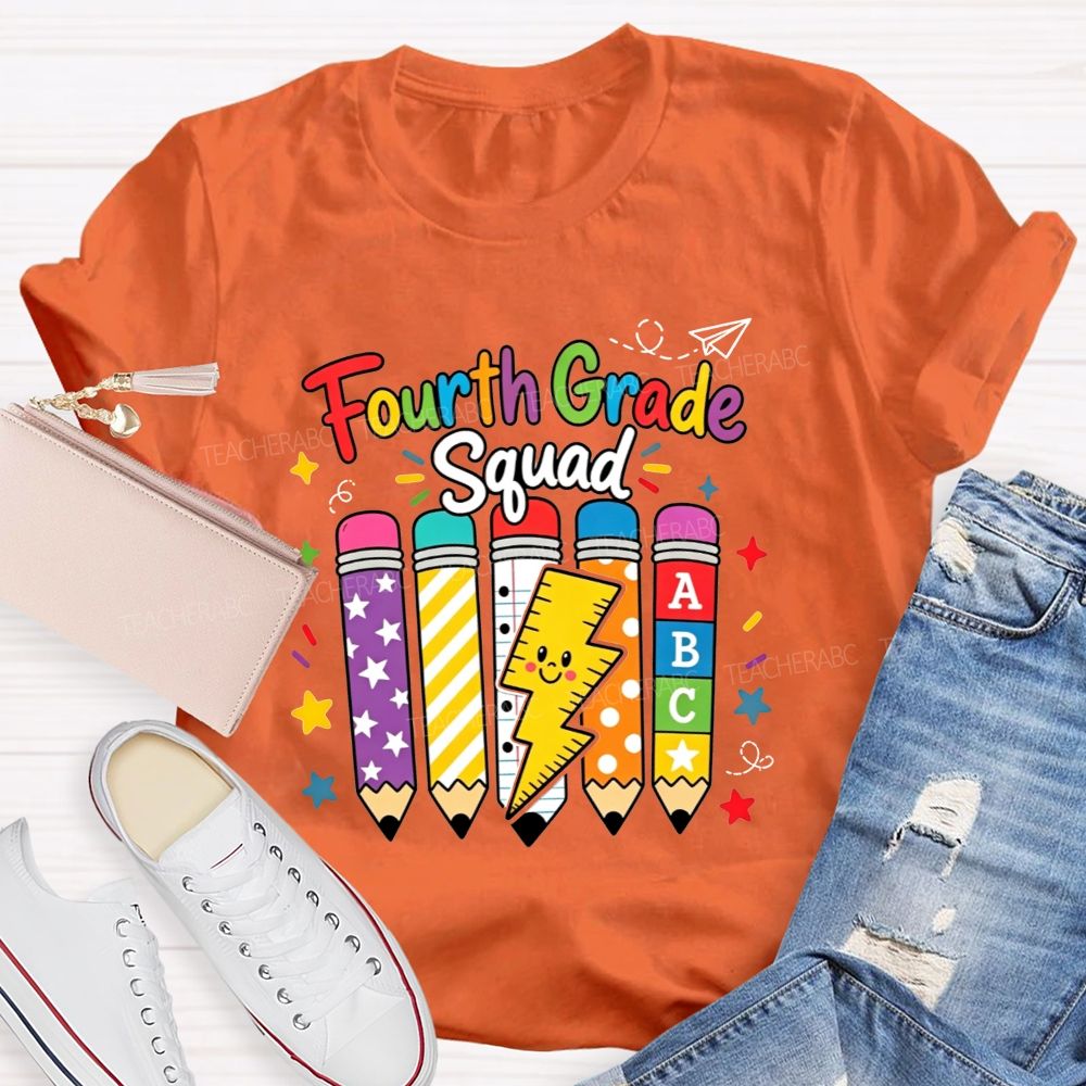 Personalized Grade Fourth Grade Squad Colorful Pattern Pencil Lightning Teacher T-shirt