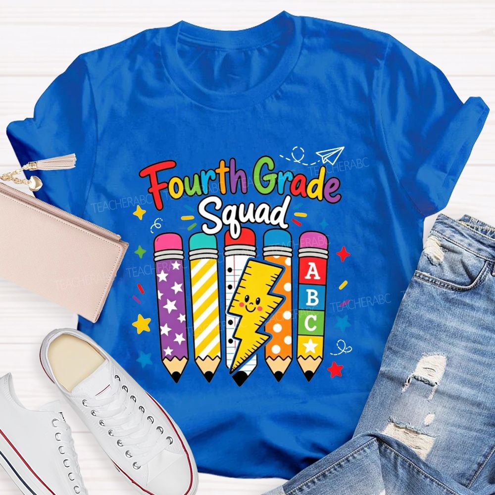 Personalized Grade Fourth Grade Squad Colorful Pattern Pencil Lightning Teacher T-shirt
