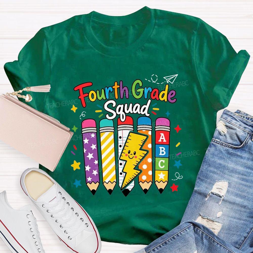 Personalized Grade Fourth Grade Squad Colorful Pattern Pencil Lightning Teacher T-shirt