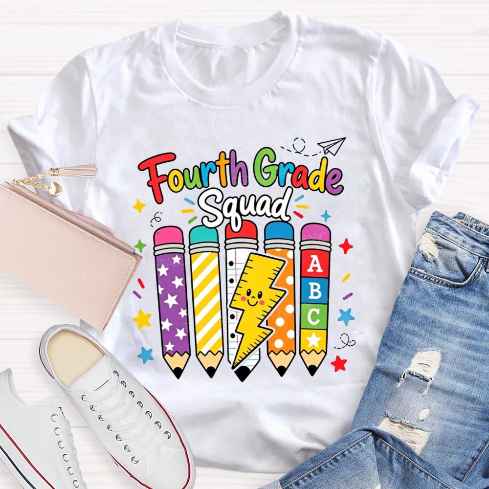 Personalized Grade Fourth Grade Squad Colorful Pattern Pencil Lightning Teacher T-shirt