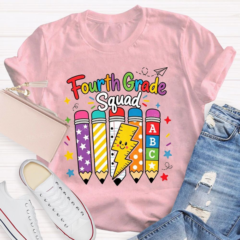 Personalized Grade Fourth Grade Squad Colorful Pattern Pencil Lightning Teacher T-shirt