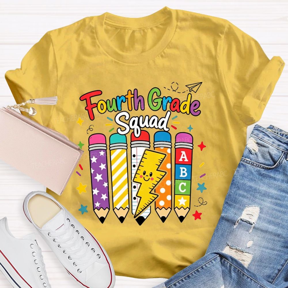 Personalized Grade Fourth Grade Squad Colorful Pattern Pencil Lightning Teacher T-shirt