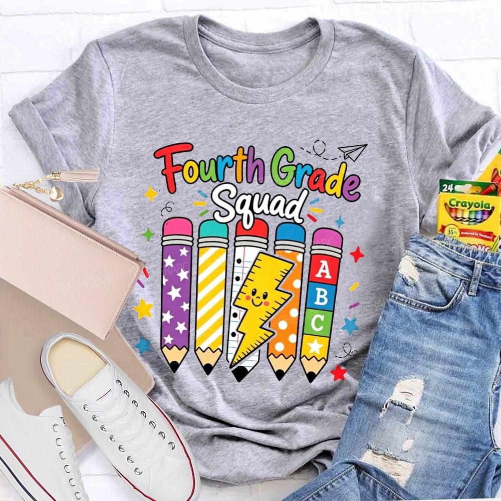 Personalized Grade Fourth Grade Squad Colorful Pattern Pencil Lightning Teacher T-shirt
