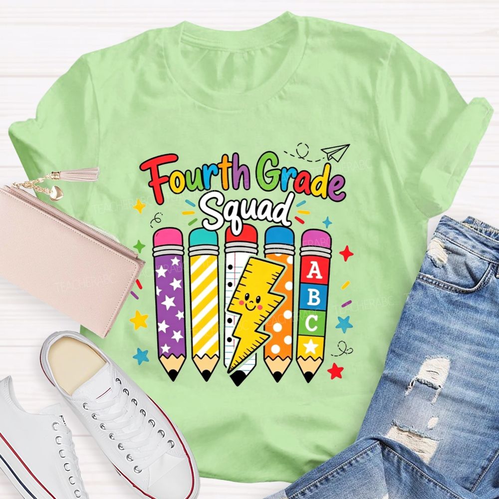 Personalized Grade Fourth Grade Squad Colorful Pattern Pencil Lightning Teacher T-shirt