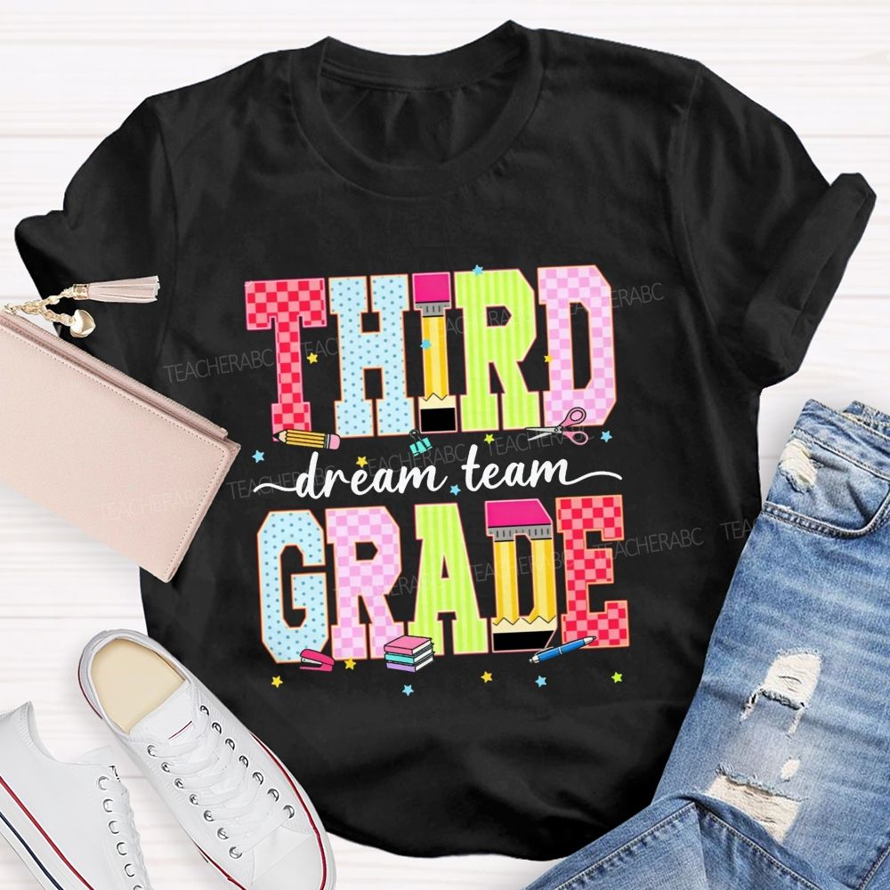 Personalized Grade Third Grade Dream Team Check Polka Dot Striped Pencil Teacher T-shirt