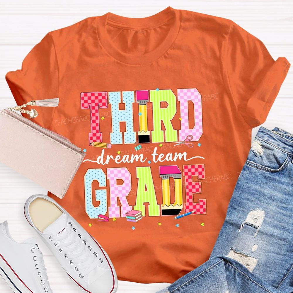 Personalized Grade Third Grade Dream Team Check Polka Dot Striped Pencil Teacher T-shirt