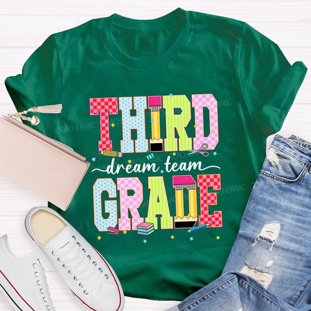Personalized Grade Third Grade Dream Team Check Polka Dot Striped Pencil Teacher T-shirt