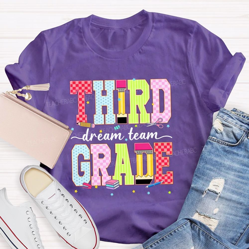 Personalized Grade Third Grade Dream Team Check Polka Dot Striped Pencil Teacher T-shirt