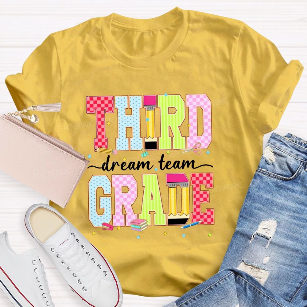 Personalized Grade Third Grade Dream Team Check Polka Dot Striped Pencil Teacher T-shirt