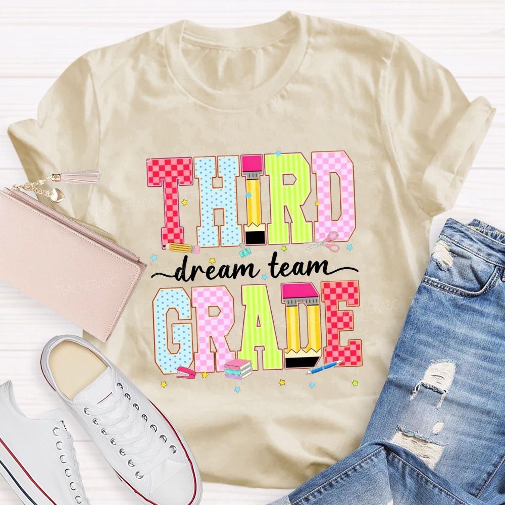 Personalized Grade Third Grade Dream Team Check Polka Dot Striped Pencil Teacher T-shirt