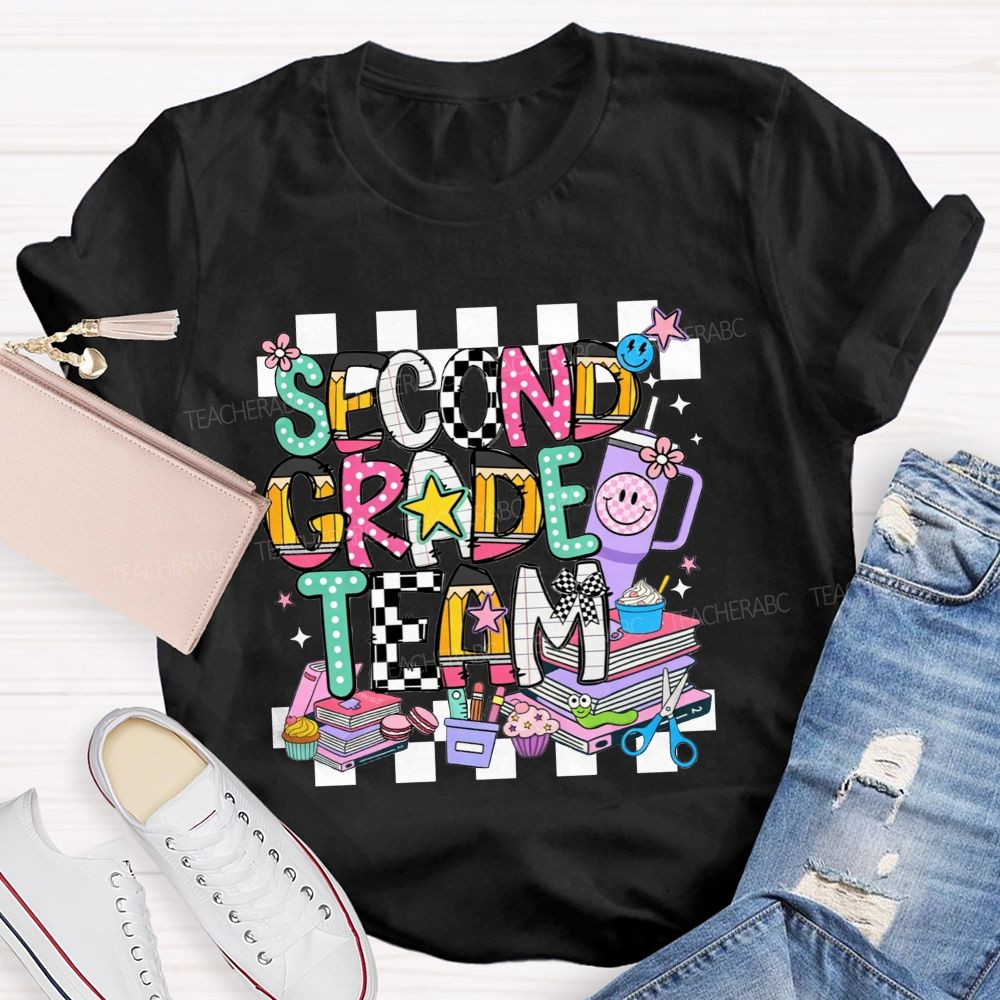 Personalized Grade Second Grade Team Checkerboard Pencil Teacher T-shirt
