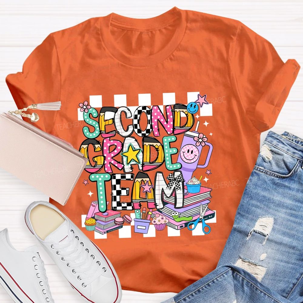 Personalized Grade Second Grade Team Checkerboard Pencil Teacher T-shirt
